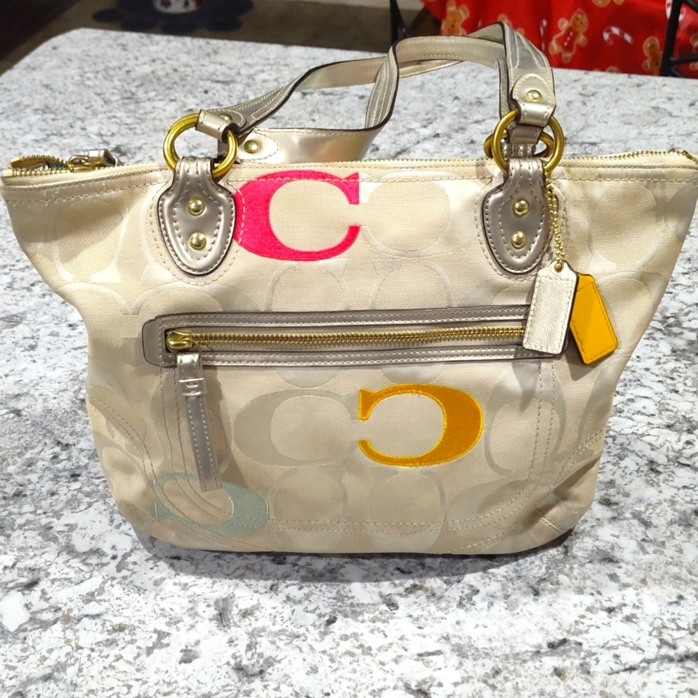 - Coach Poppy colorful shoulder bag with metallic gold accents, gol…